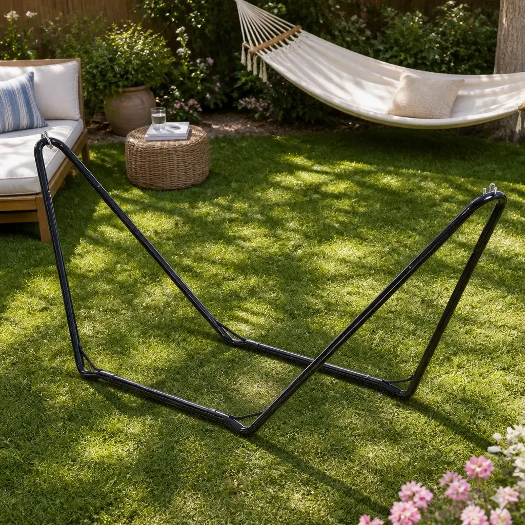 Hammock Stand Black Steel Frame Heavy-Duty Tool-Free Assembly Outdoor Indoor Relaxation Support 150kg