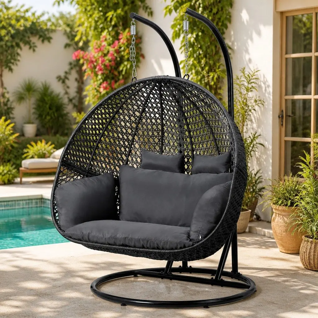 Outdoor Hanging Pod Chair Swing Rattan Patio Furniture 2 Seater with Stand