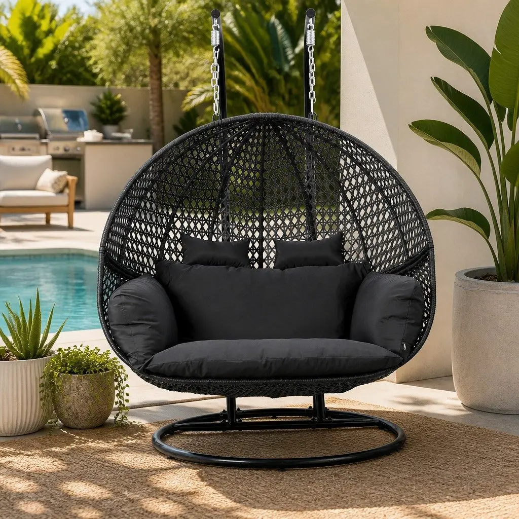 Outdoor Hanging Pod Chair Swing Rattan Patio Furniture 2 Seater with Stand