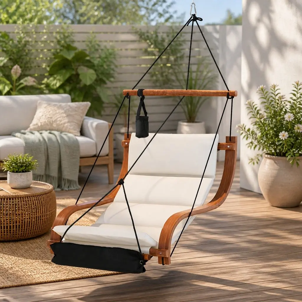 Hammock Chair Cream Black Indoor Outdoor Lounge Soft Cushioned Seat Metal Fastening System Attached Cup Holder Footrest
