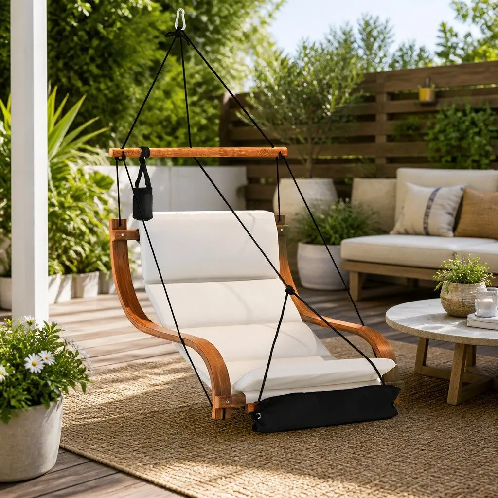 Hammock Chair Cream Black Indoor Outdoor Lounge Soft Cushioned Seat Metal Fastening System Attached Cup Holder Footrest