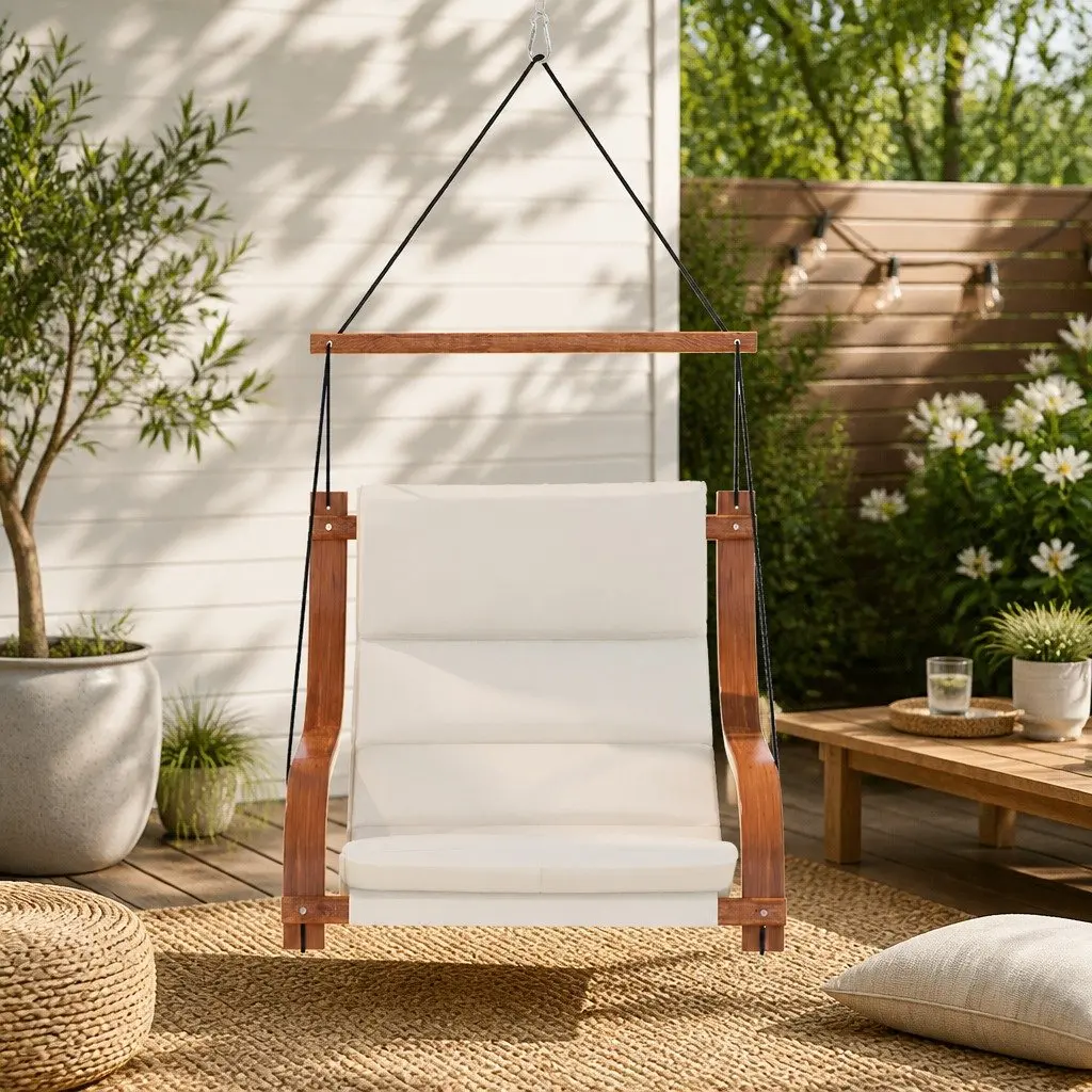 Hammock Chair Cream Black Indoor Outdoor Lounge Soft Cushioned Seat Metal Fastening System Attached Cup Holder Footrest