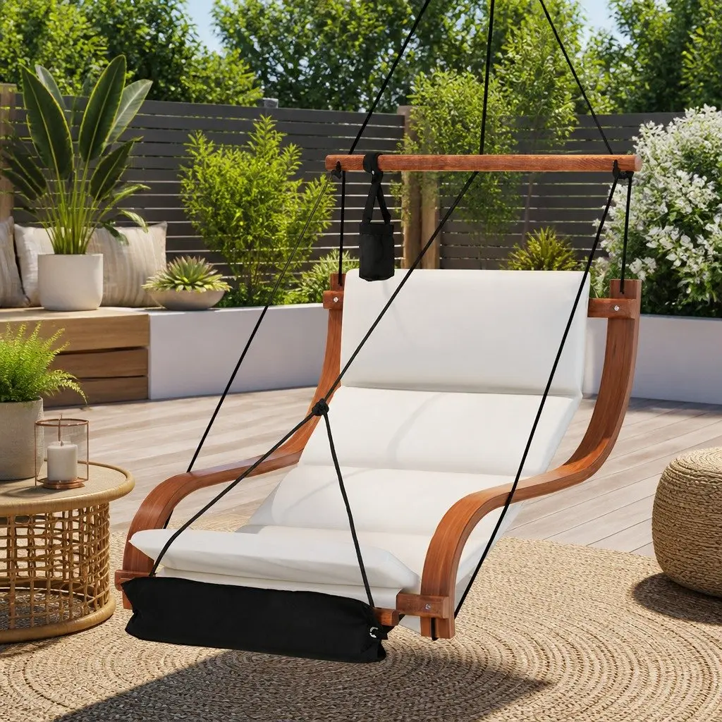 Hammock Chair Cream Black Indoor Outdoor Lounge Soft Cushioned Seat Metal Fastening System Attached Cup Holder Footrest