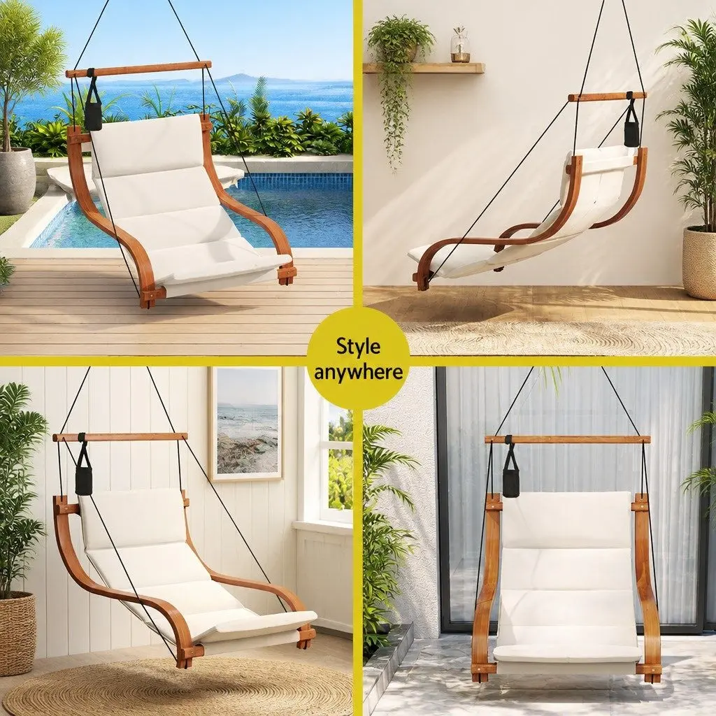Hammock Chair Cream Black Indoor Outdoor Lounge Soft Cushioned Seat Metal Fastening System Attached Cup Holder Footrest