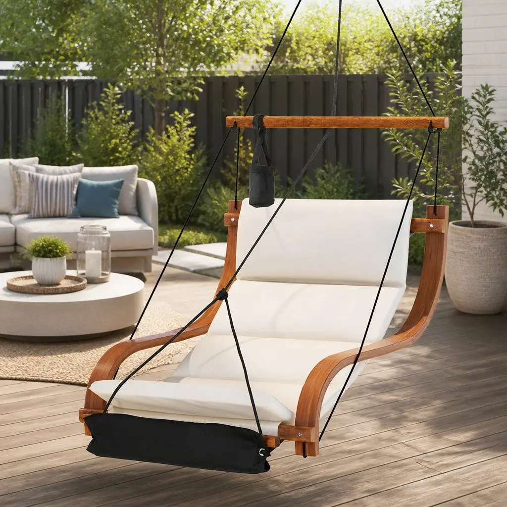 Hammock Chair Cream Black Indoor Outdoor Lounge Soft Cushioned Seat Metal Fastening System Attached Cup Holder Footrest