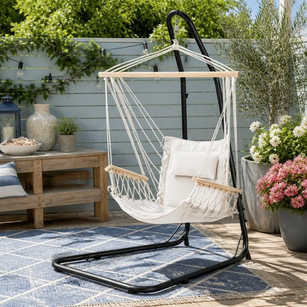 Hammock Chair Cream Adjustable Height Steel A-Frame Stand Indoor Outdoor