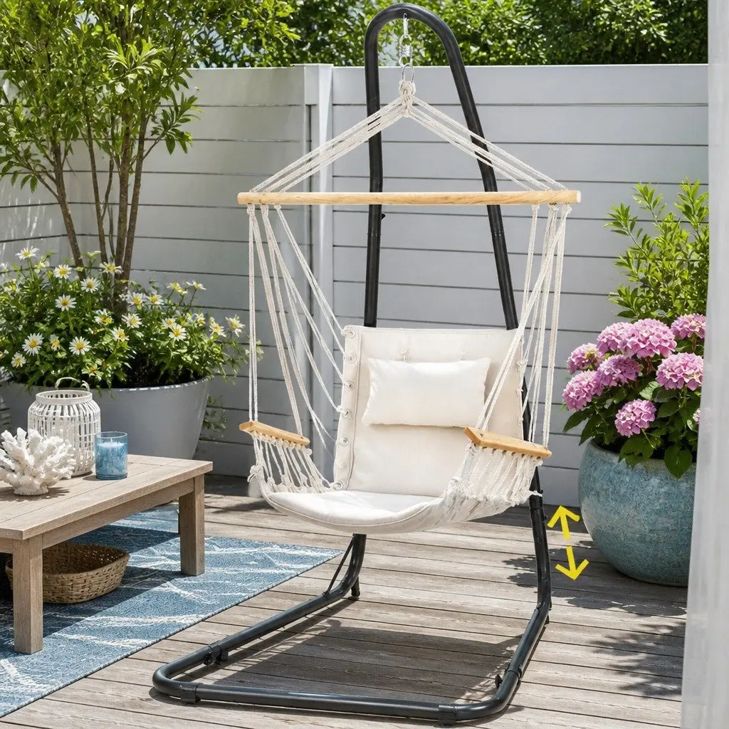 Hammock Chair Cream Adjustable Height Steel A-Frame Stand Indoor Outdoor