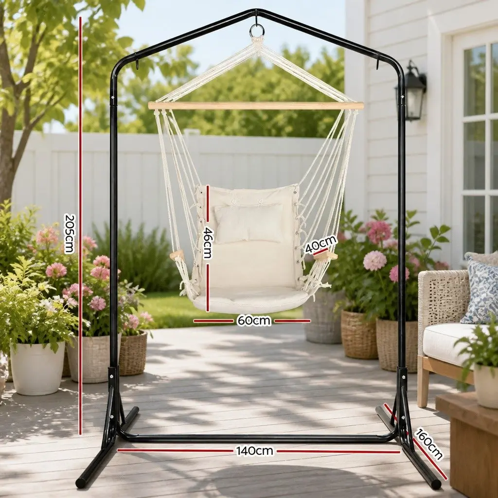 Hammock Chair Cream with Stand Indoor Outdoor Durable Polyester Cotton Blend Padded Seat and Backrest 360° Rotation