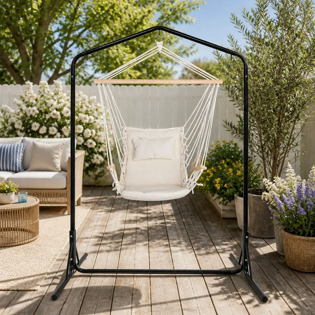 Hammock Chair Cream with Stand Indoor Outdoor Durable Polyester Cotton Blend Padded Seat and Backrest 360° Rotation