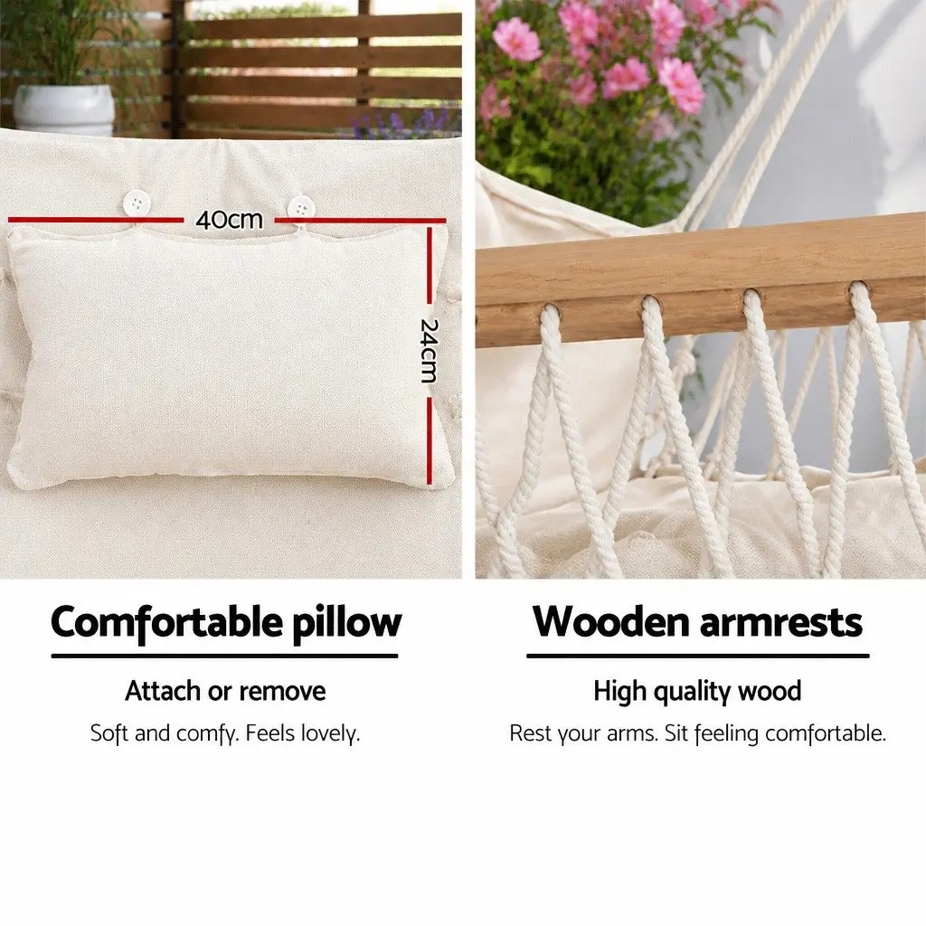 Hammock Chair Cream with Stand Indoor Outdoor Durable Polyester Cotton Blend Padded Seat and Backrest 360° Rotation