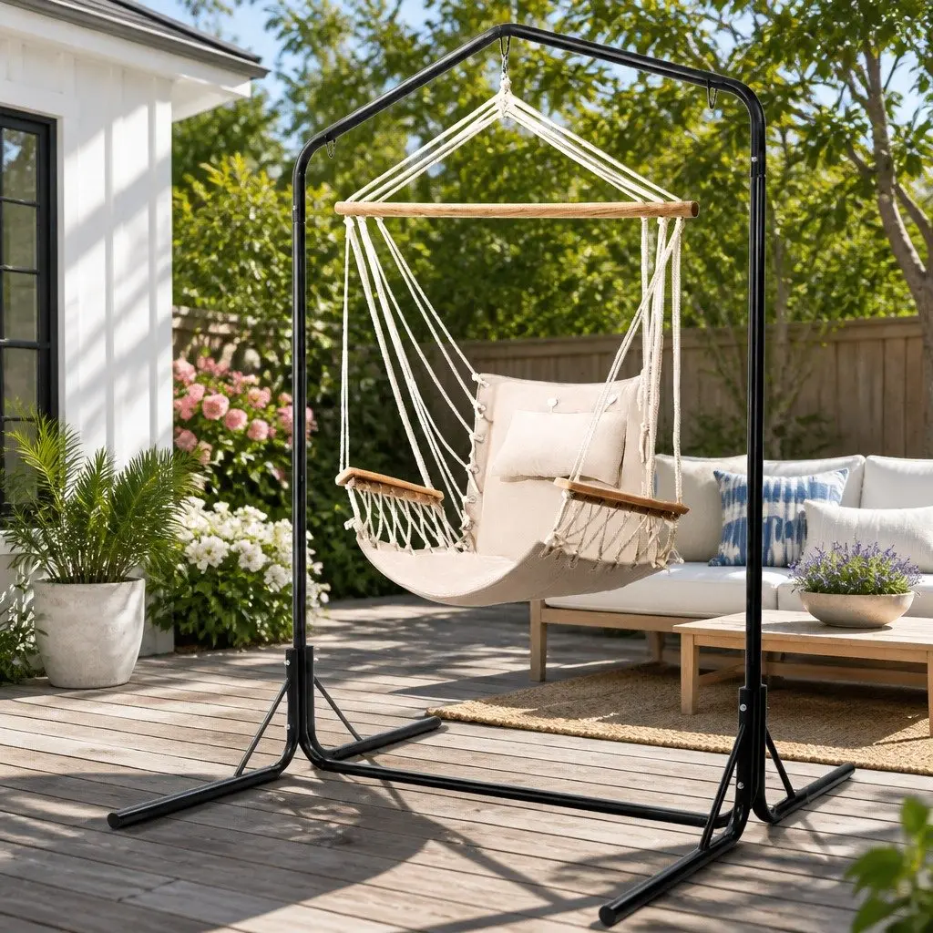 Hammock Chair Cream with Stand Indoor Outdoor Durable Polyester Cotton Blend Padded Seat and Backrest 360° Rotation