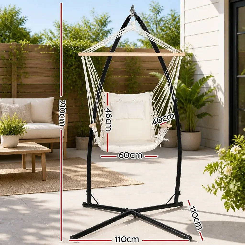 Hammock Chair with Steel Stand Armrest Outdoor Indoor Hanging Cream Relaxation