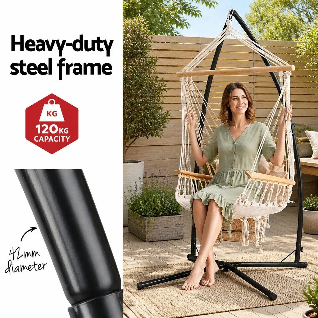 Hammock Chair with Steel Stand Armrest Outdoor Indoor Hanging Cream Relaxation