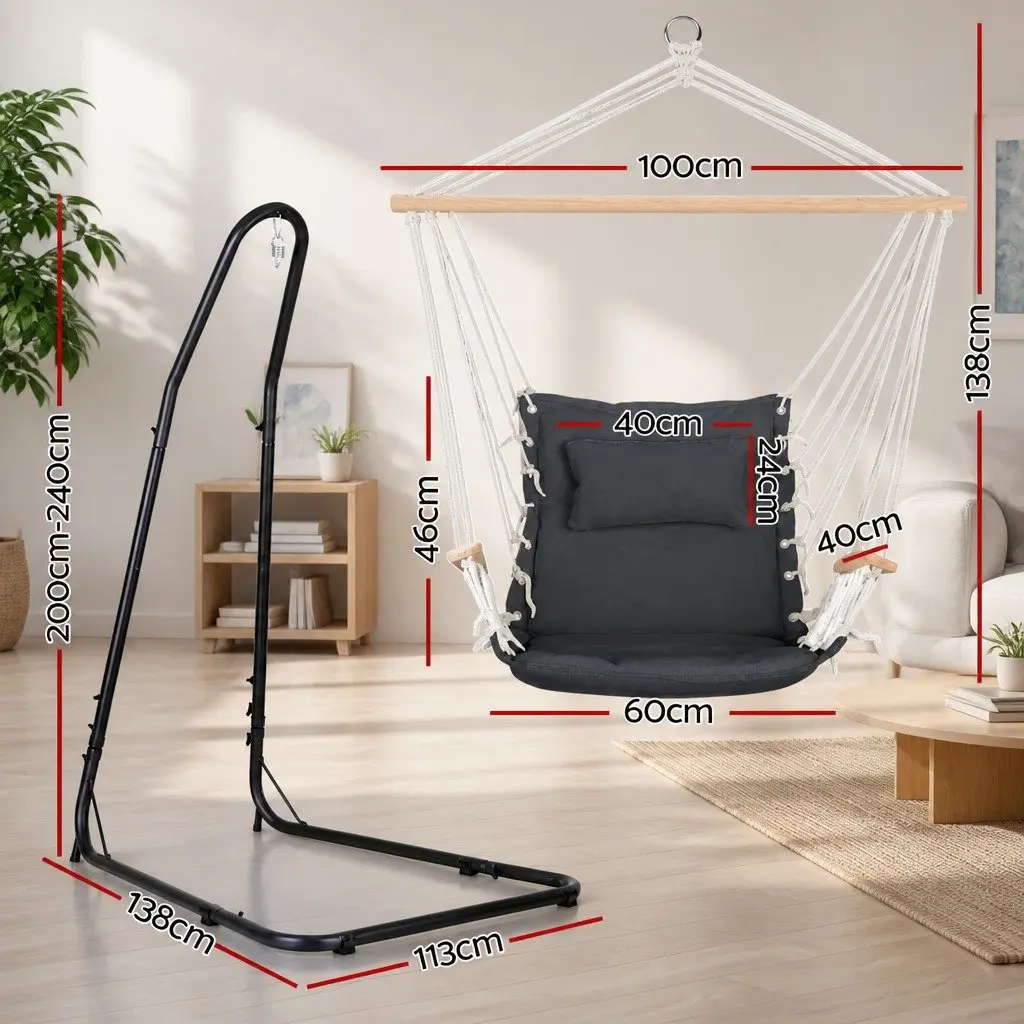 Hammock Chair Black Steel Stand Adjustable Height Padded Seat with Detachable Pillow