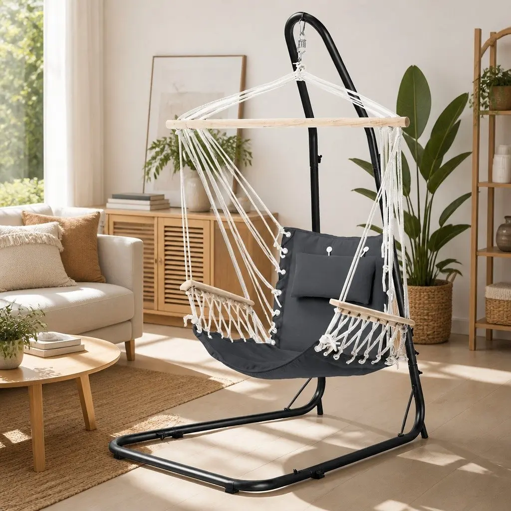 Hammock Chair Black Steel Stand Adjustable Height Padded Seat with Detachable Pillow