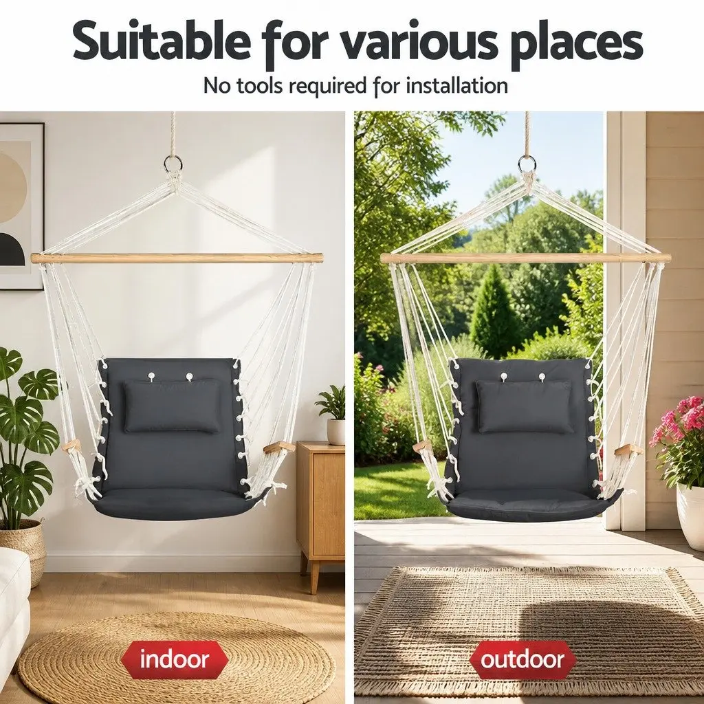 Hammock Chair Black Steel Stand Adjustable Height Padded Seat with Detachable Pillow