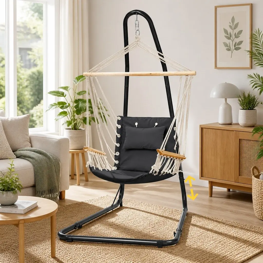 Hammock Chair Black Steel Stand Adjustable Height Padded Seat with Detachable Pillow