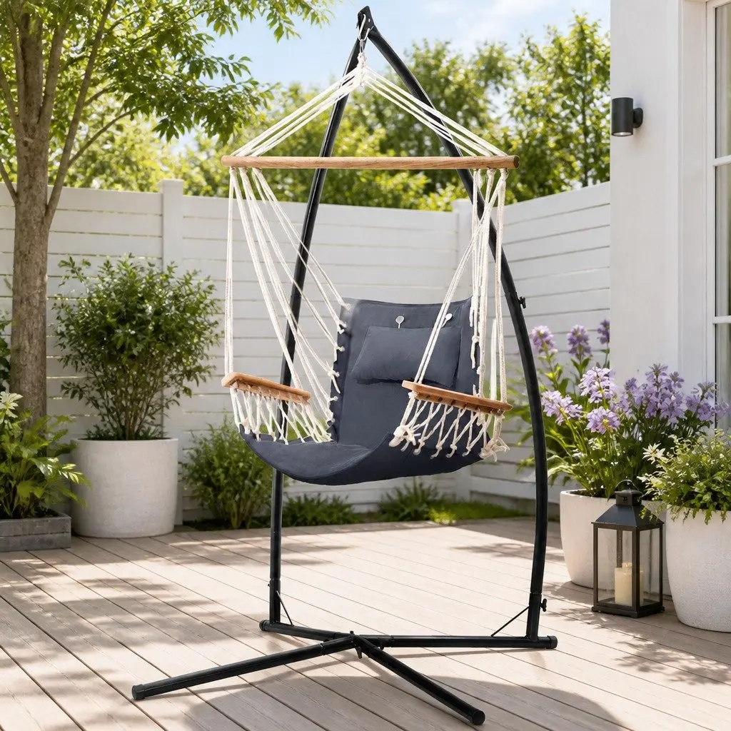 Hammock Chair with Steel Stand Armrest Grey Outdoor Indoor Hanging Swing