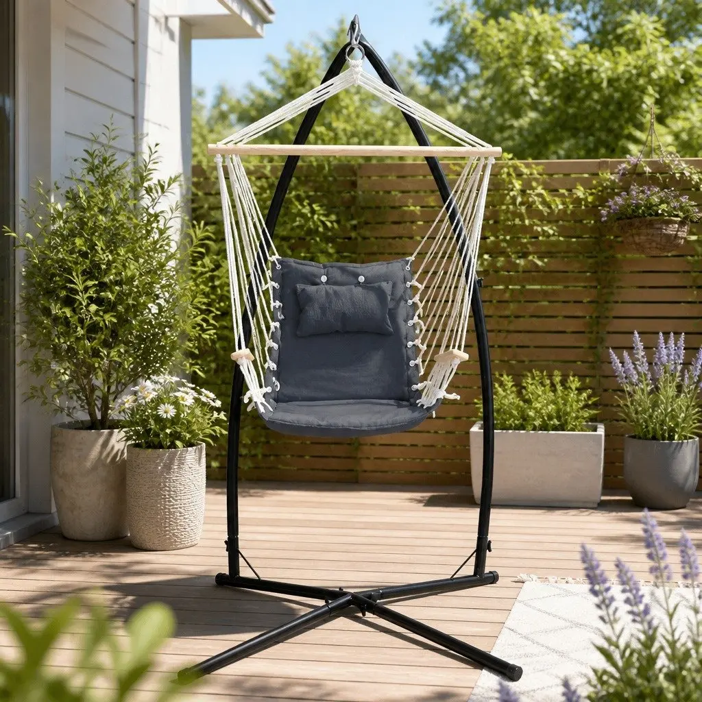 Hammock Chair with Steel Stand Armrest Grey Outdoor Indoor Hanging Swing