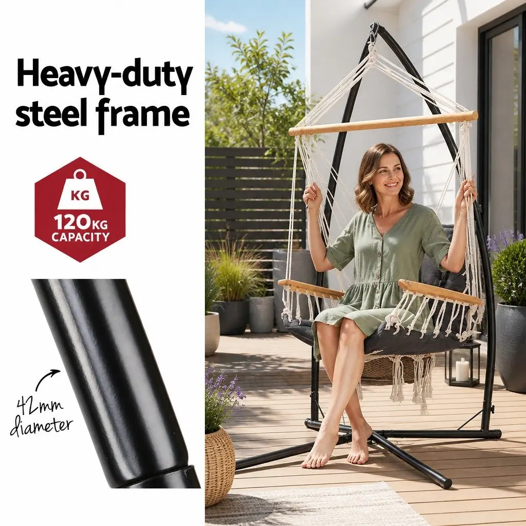 Hammock Chair with Steel Stand Armrest Grey Outdoor Indoor Hanging Swing