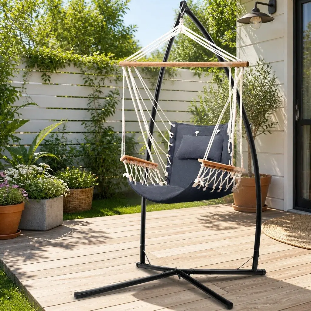 Hammock Chair with Steel Stand Armrest Grey Outdoor Indoor Hanging Swing