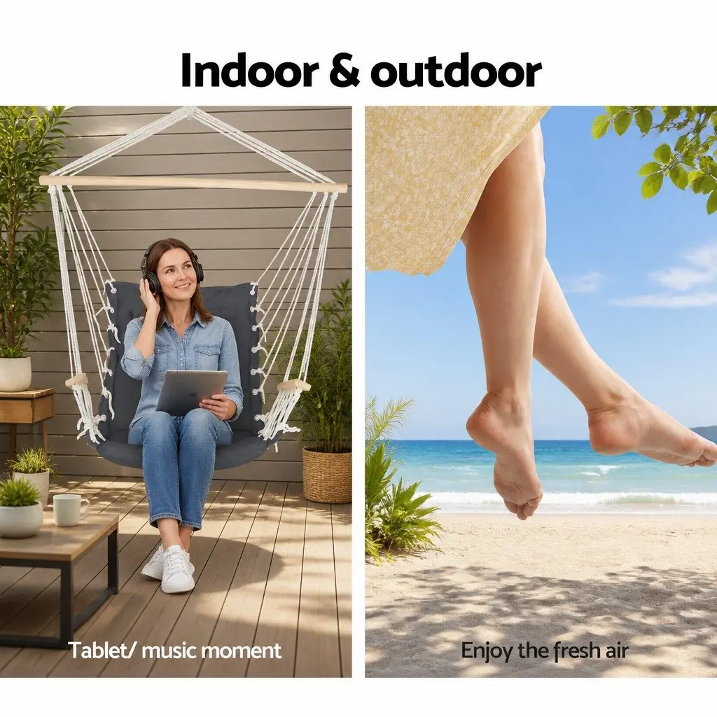 Hanging Hammock Chair with Armrest Grey Outdoor Patio Garden Relaxation Seat