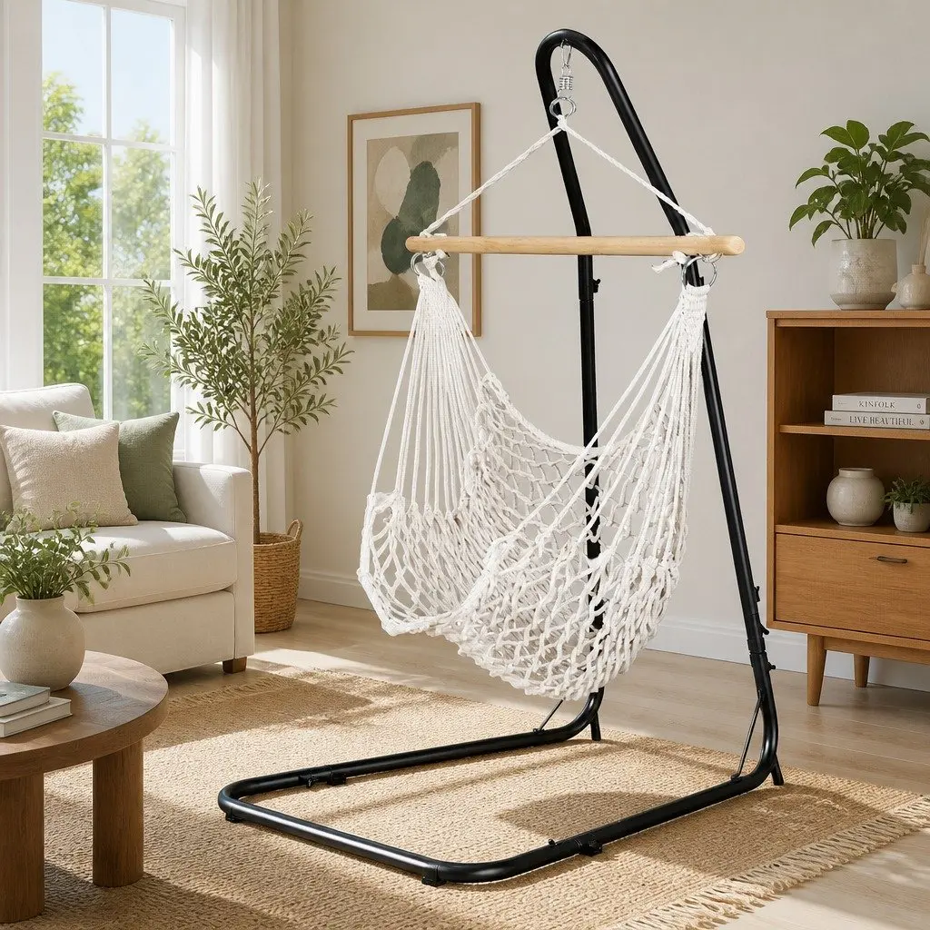 Hammock Hanging Chair Cream with Heavy Duty Steel Stand for Outdoor Indoor Relaxation