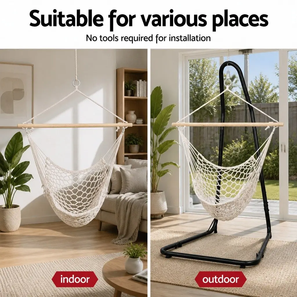 Hammock Hanging Chair Cream with Heavy Duty Steel Stand for Outdoor Indoor Relaxation