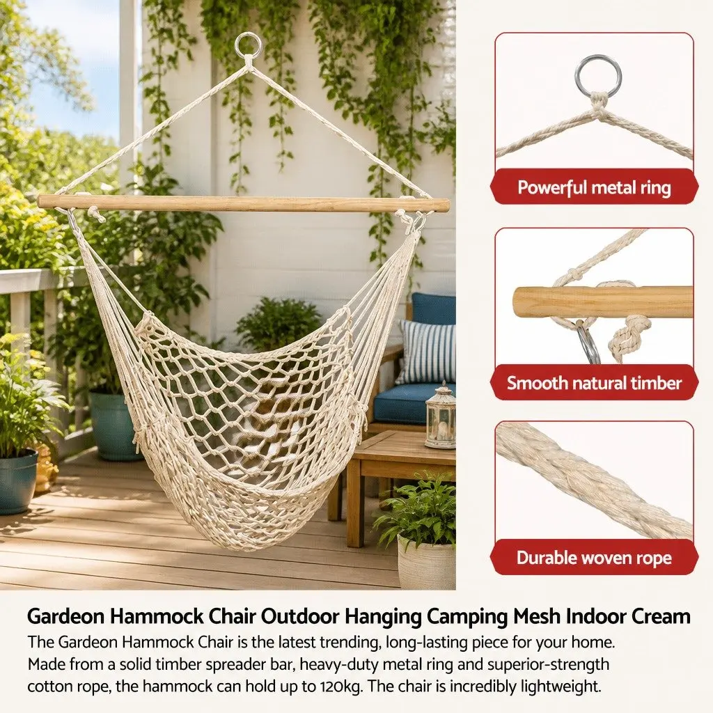 Hammock Chair Cream 99.5 x 114cm Lightweight Portable Indoor Outdoor Relaxation Seat