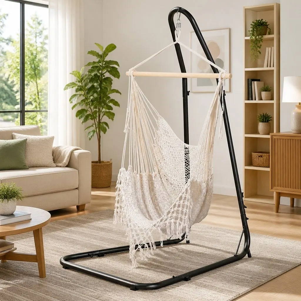 Hammock Hanging Chair Cream with Heavy Duty Steel Stand Indoor Outdoor Relaxation