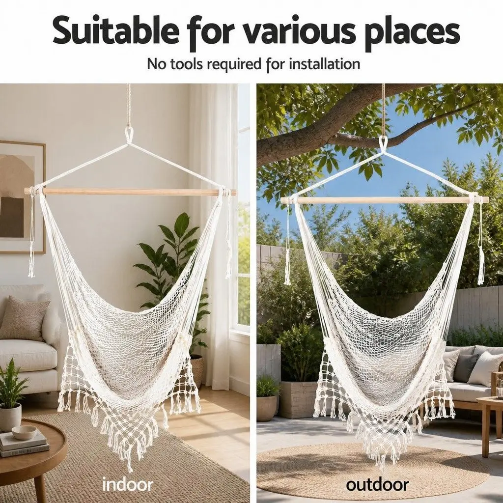 Hammock Hanging Chair Cream with Heavy Duty Steel Stand Indoor Outdoor Relaxation