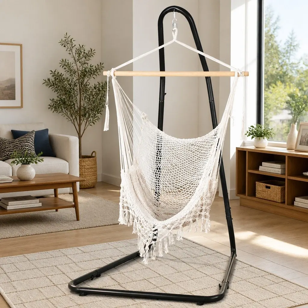 Hammock Hanging Chair Cream with Heavy Duty Steel Stand Indoor Outdoor Relaxation