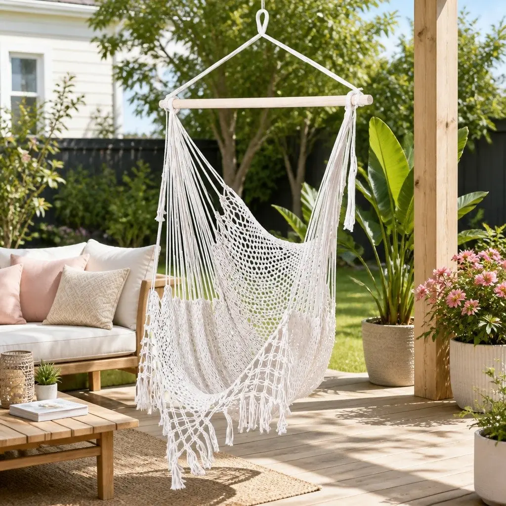 Hammock Chair Cream Lightweight Portable Cotton Blend Indoor Outdoor No Assembly