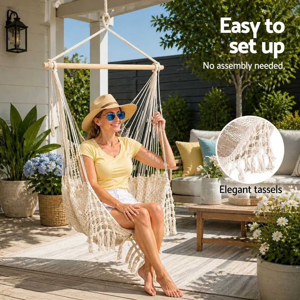 Hammock Chair Cream Lightweight Portable Cotton Blend Indoor Outdoor No Assembly