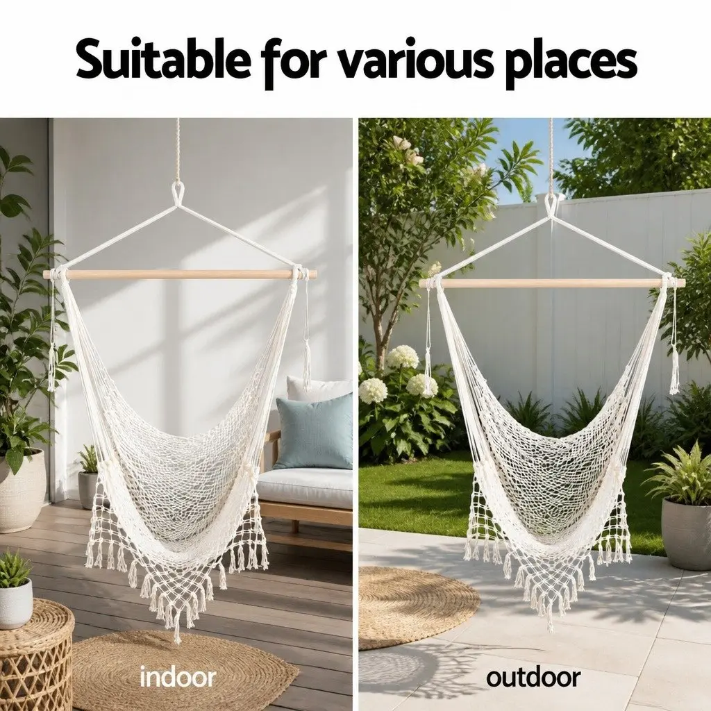 Hammock Chair Cream Lightweight Portable Cotton Blend Indoor Outdoor No Assembly