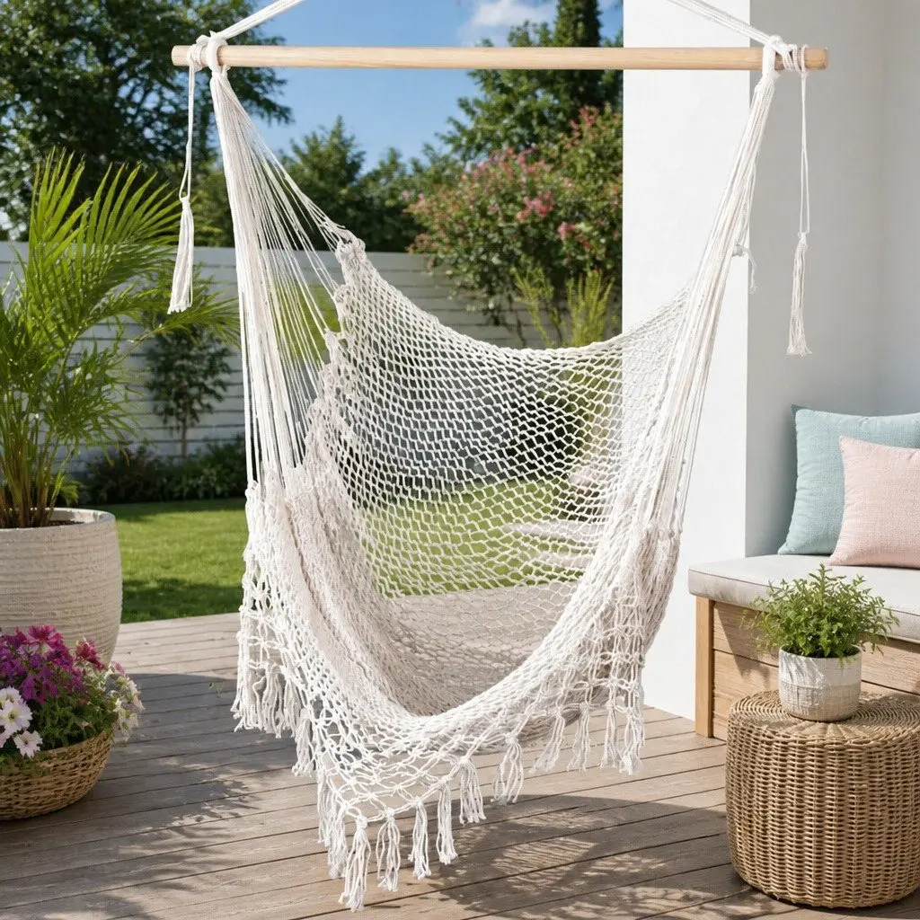 Hammock Chair Cream Lightweight Portable Cotton Blend Indoor Outdoor No Assembly