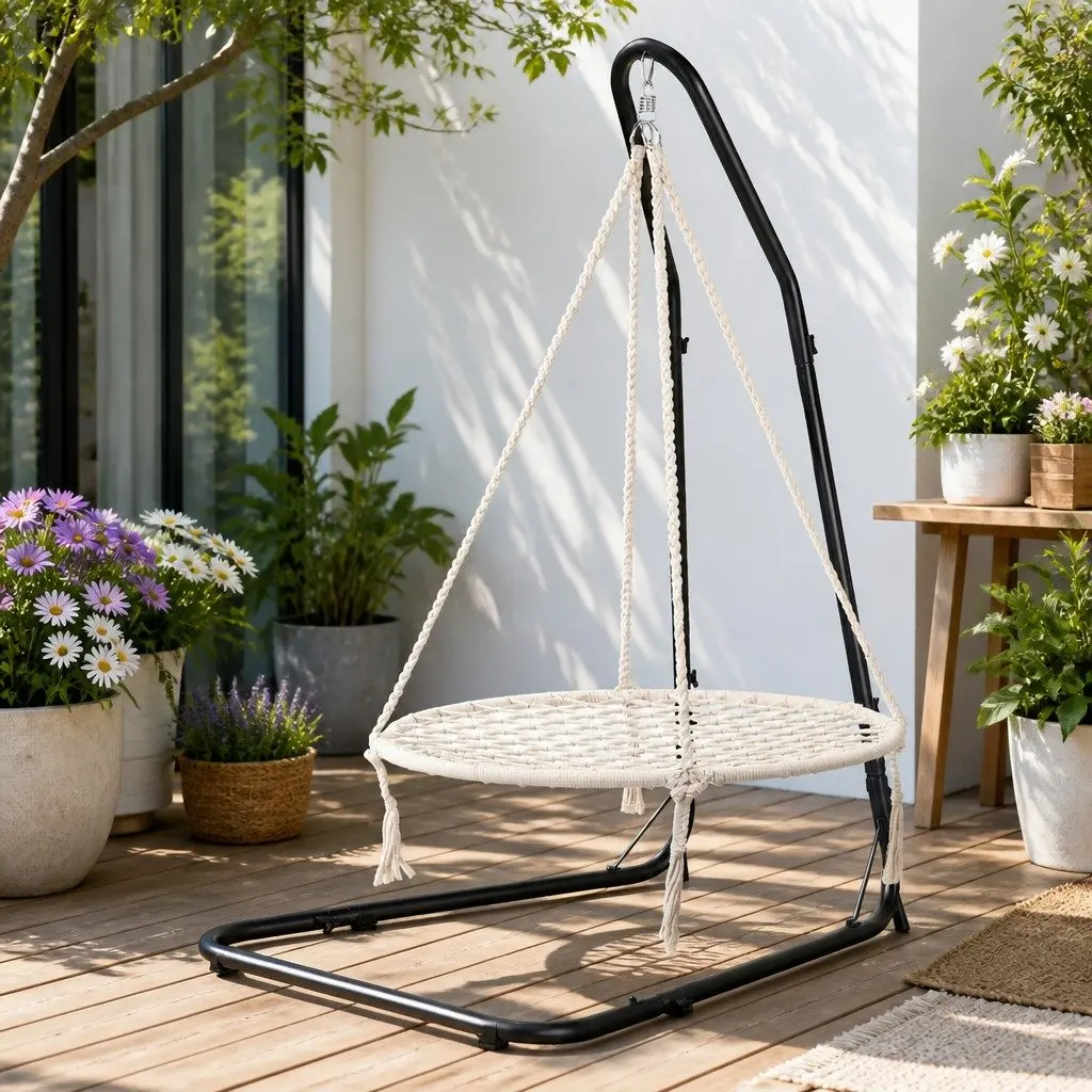 Hammock Chair Black with Steel Stand Adjustable Height for Indoor Outdoor Relaxation