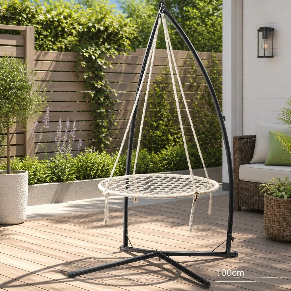 Hammock Chair Cream 100cm Indoor Outdoor Swing with Steel Stand 360 Degree Rotation