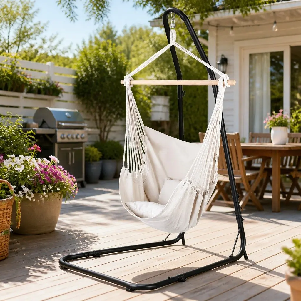 Hammock Chair Cream with Steel Stand A-Frame Adjustable Height Padded Seating