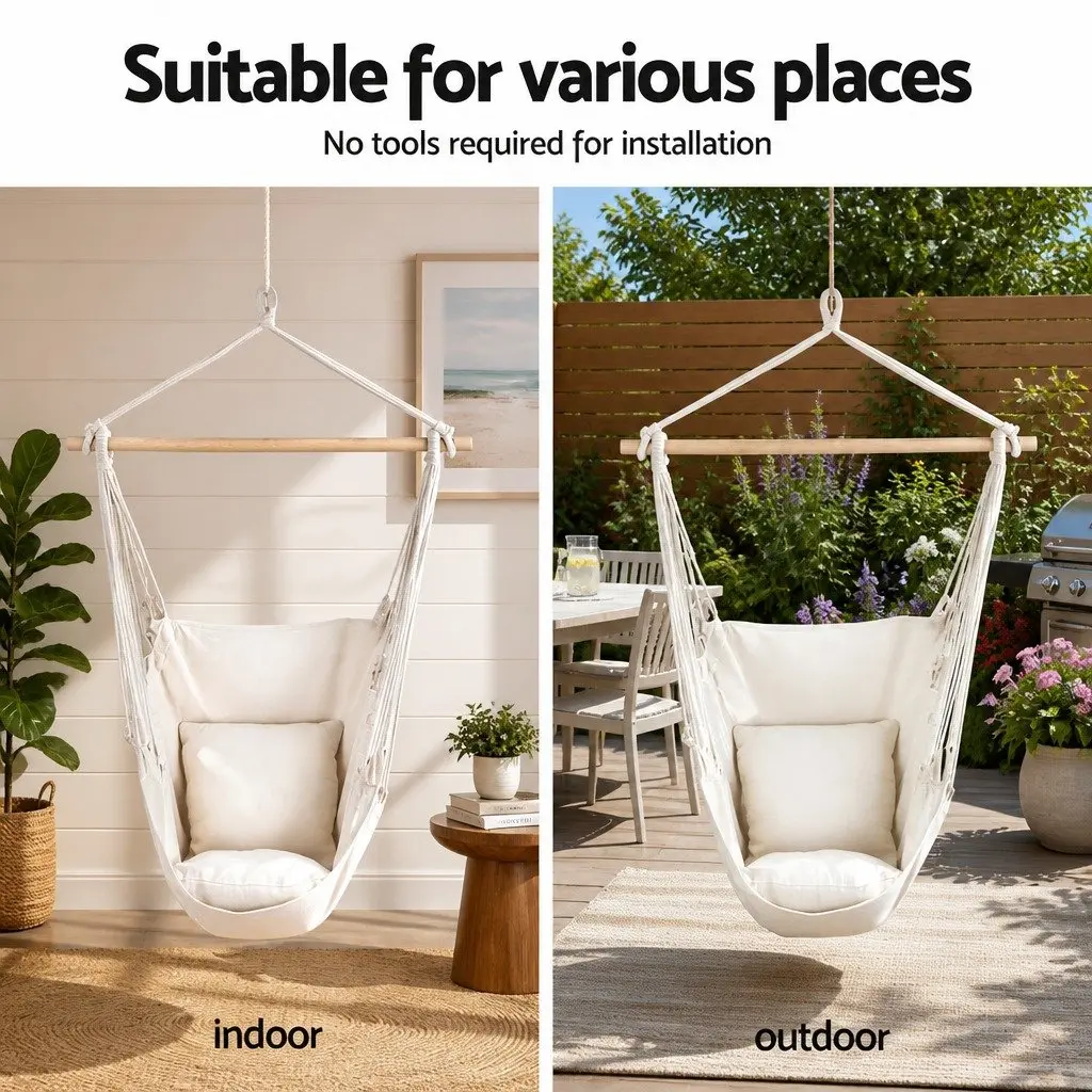 Hammock Chair Cream with Steel Stand A-Frame Adjustable Height Padded Seating