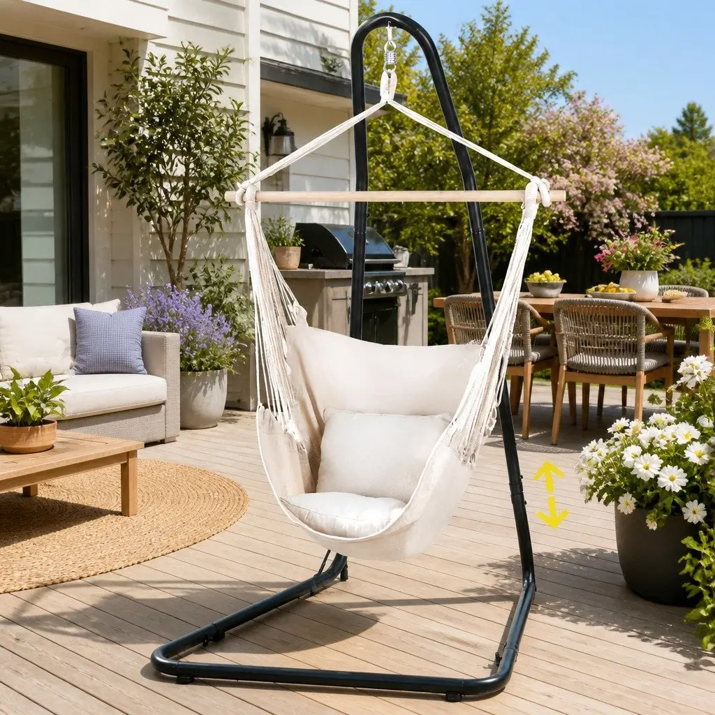 Hammock Chair Cream with Steel Stand A-Frame Adjustable Height Padded Seating