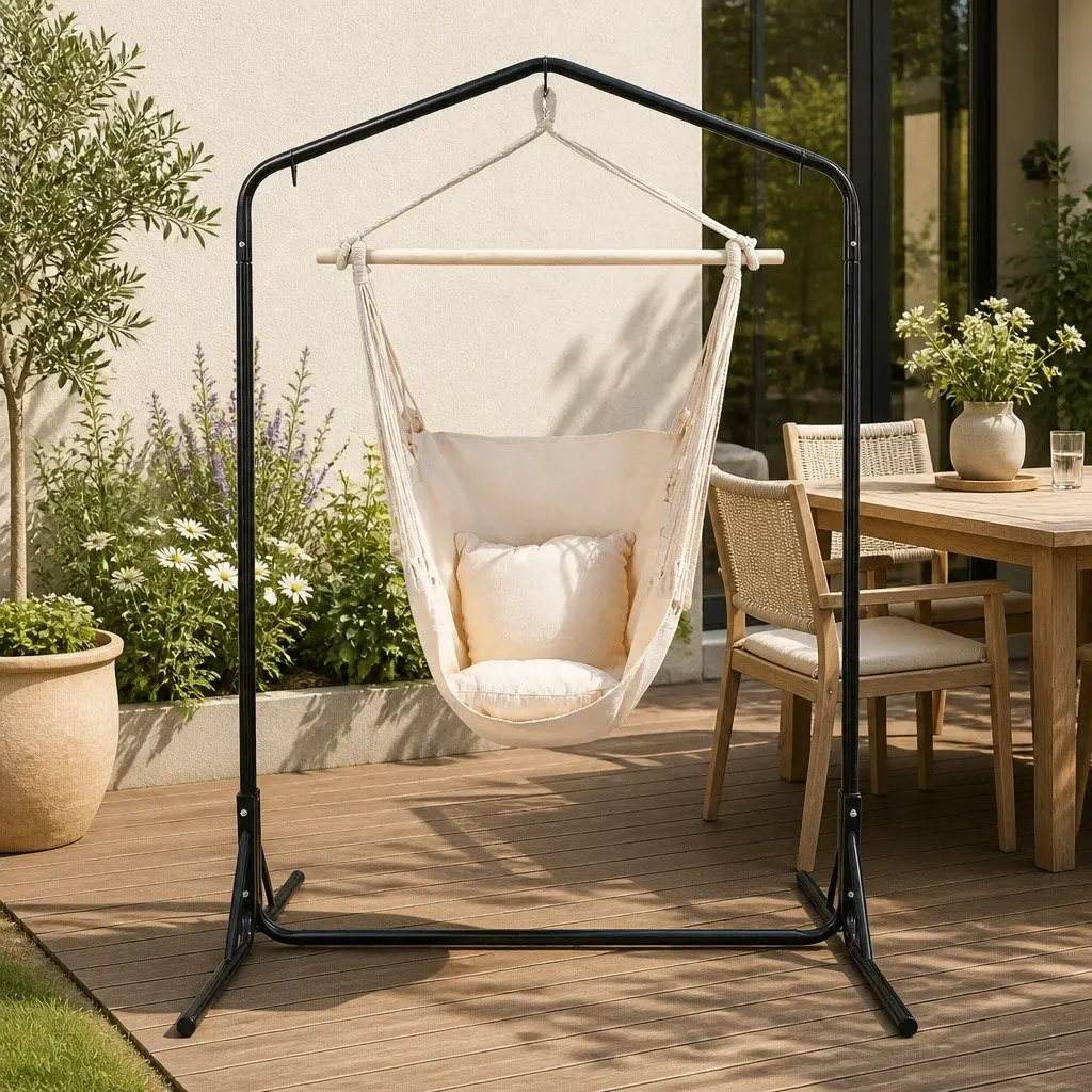 Hammock Chair Cream 100x45x145cm Durable Polyester Cotton Blend with Stand 360° Rotation