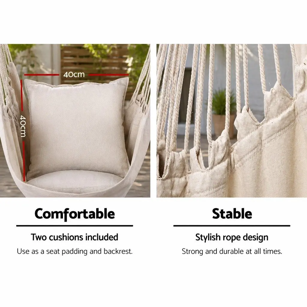Hammock Chair Cream 100x45x145cm Durable Polyester Cotton Blend with Stand 360° Rotation