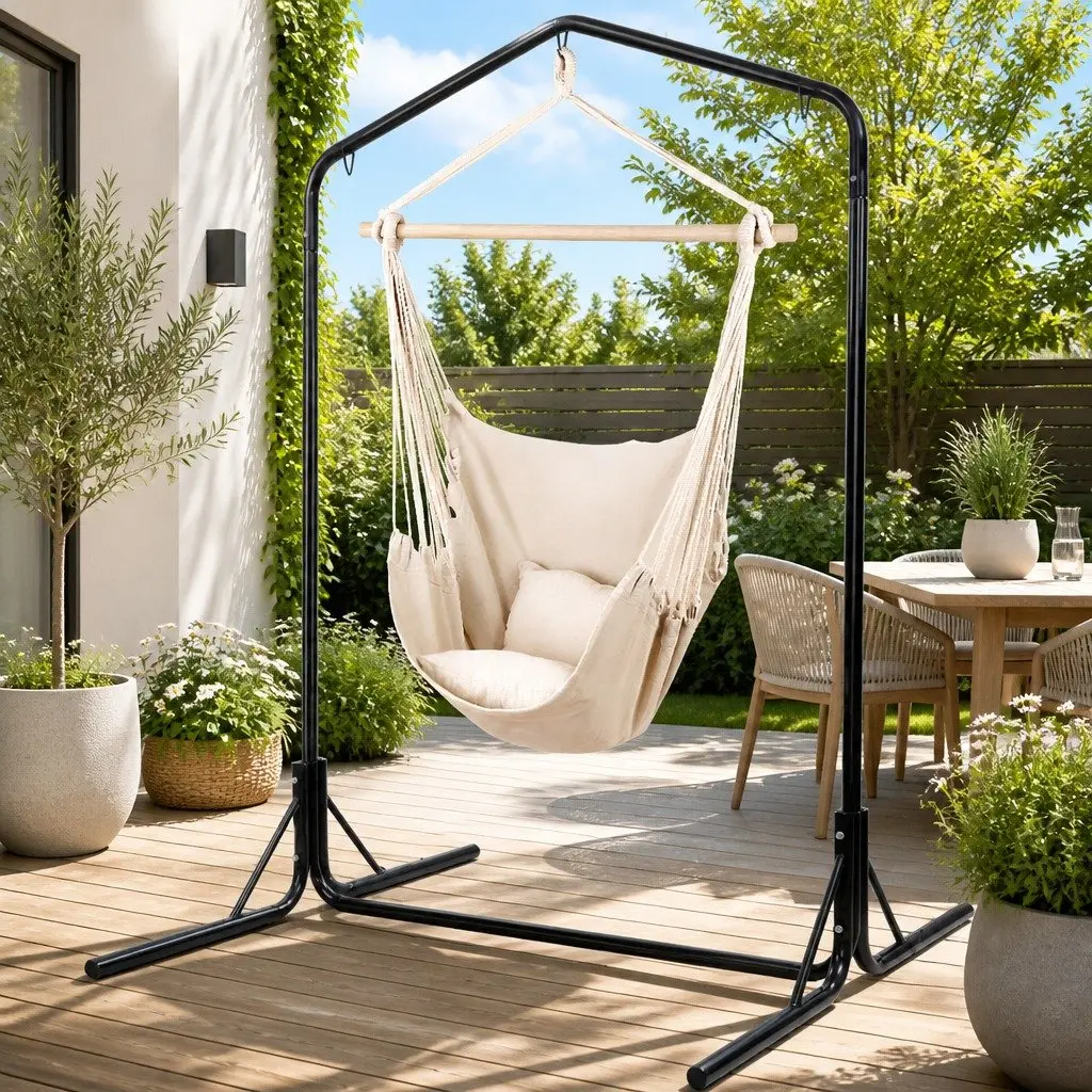 Hammock Chair Cream 100x45x145cm Durable Polyester Cotton Blend with Stand 360° Rotation
