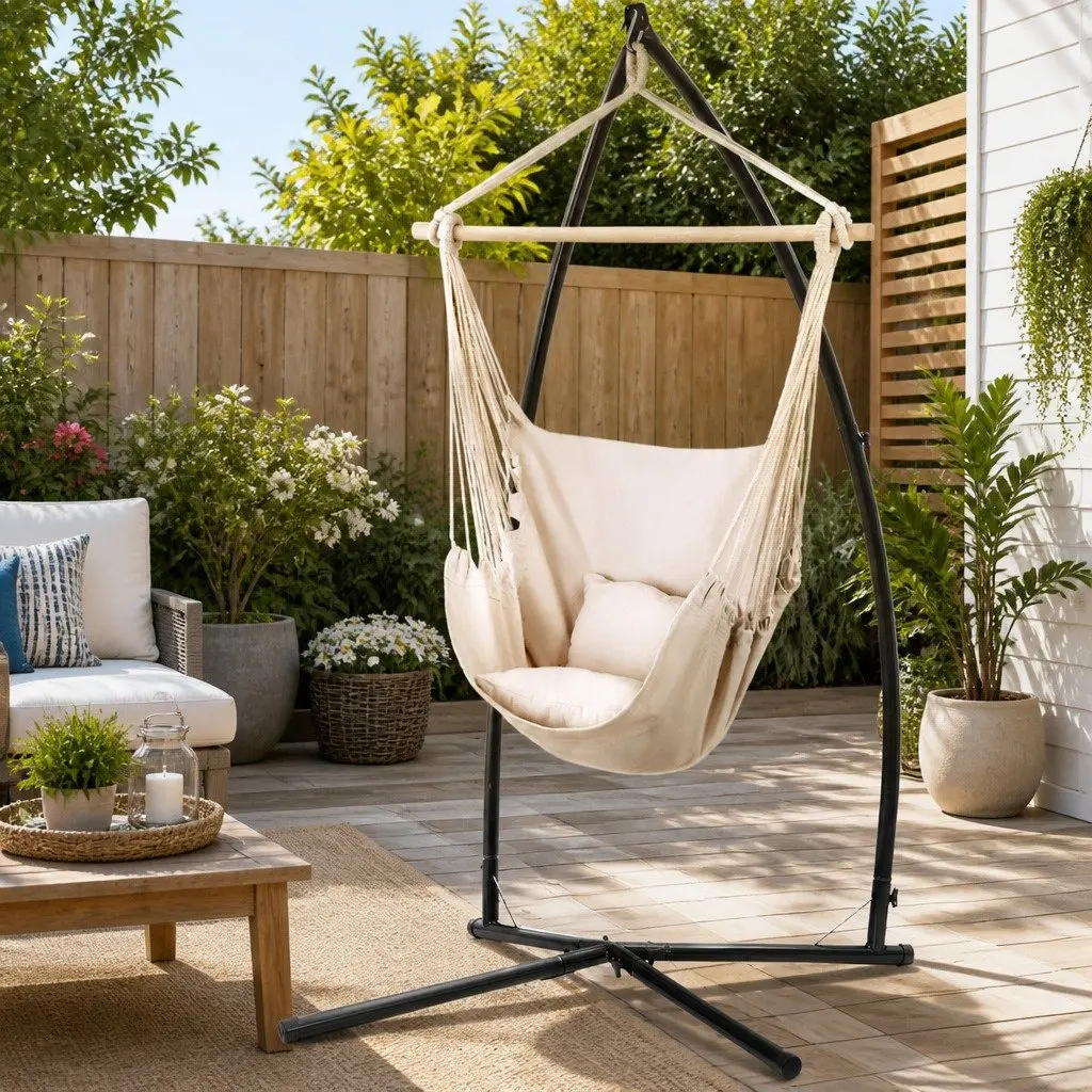 Hammock Chair Cream 100cm x 45cm x 145cm Durable Polyester Cotton Blend with Steel Stand