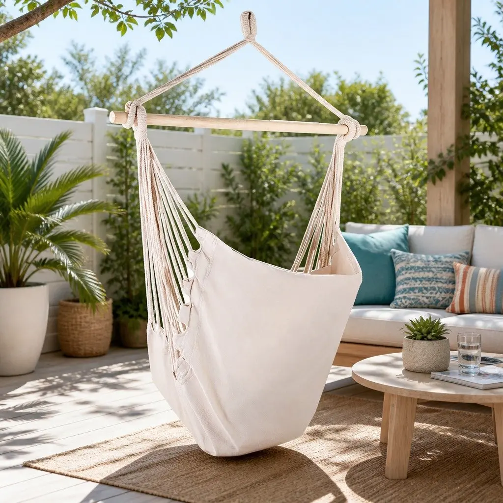 Hammock Chair Cream Outdoor Hanging with Cushions Relaxation Seat