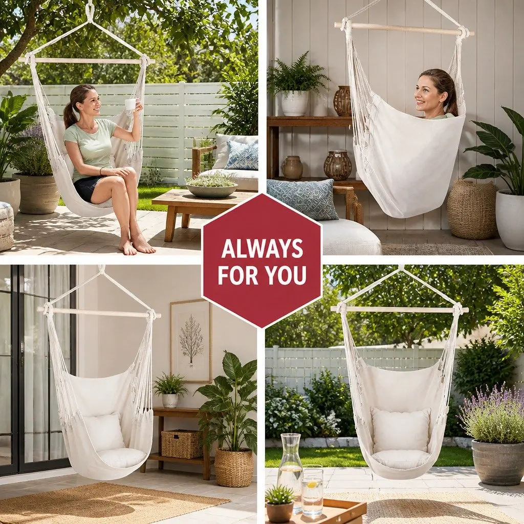 Hammock Chair Cream Outdoor Hanging with Cushions Relaxation Seat
