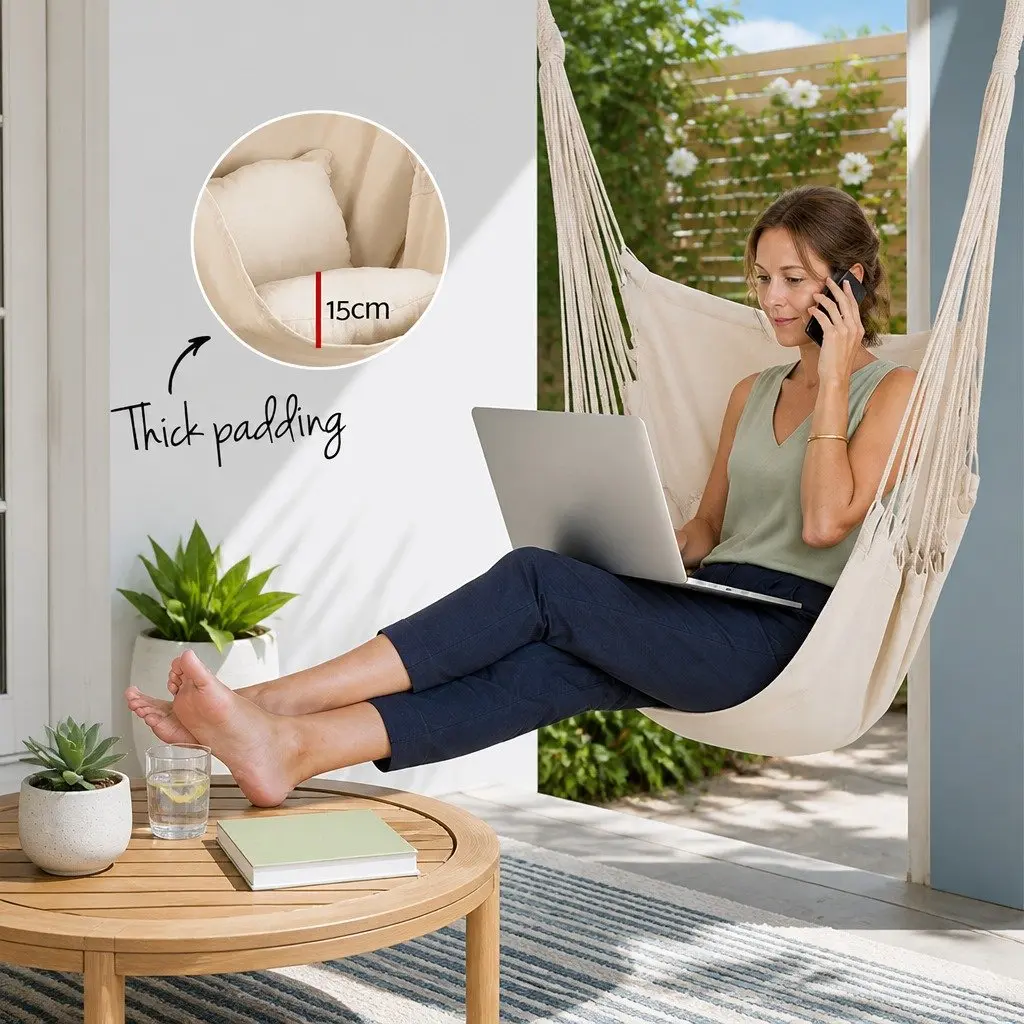 Hammock Chair Cream Outdoor Hanging with Cushions Relaxation Seat