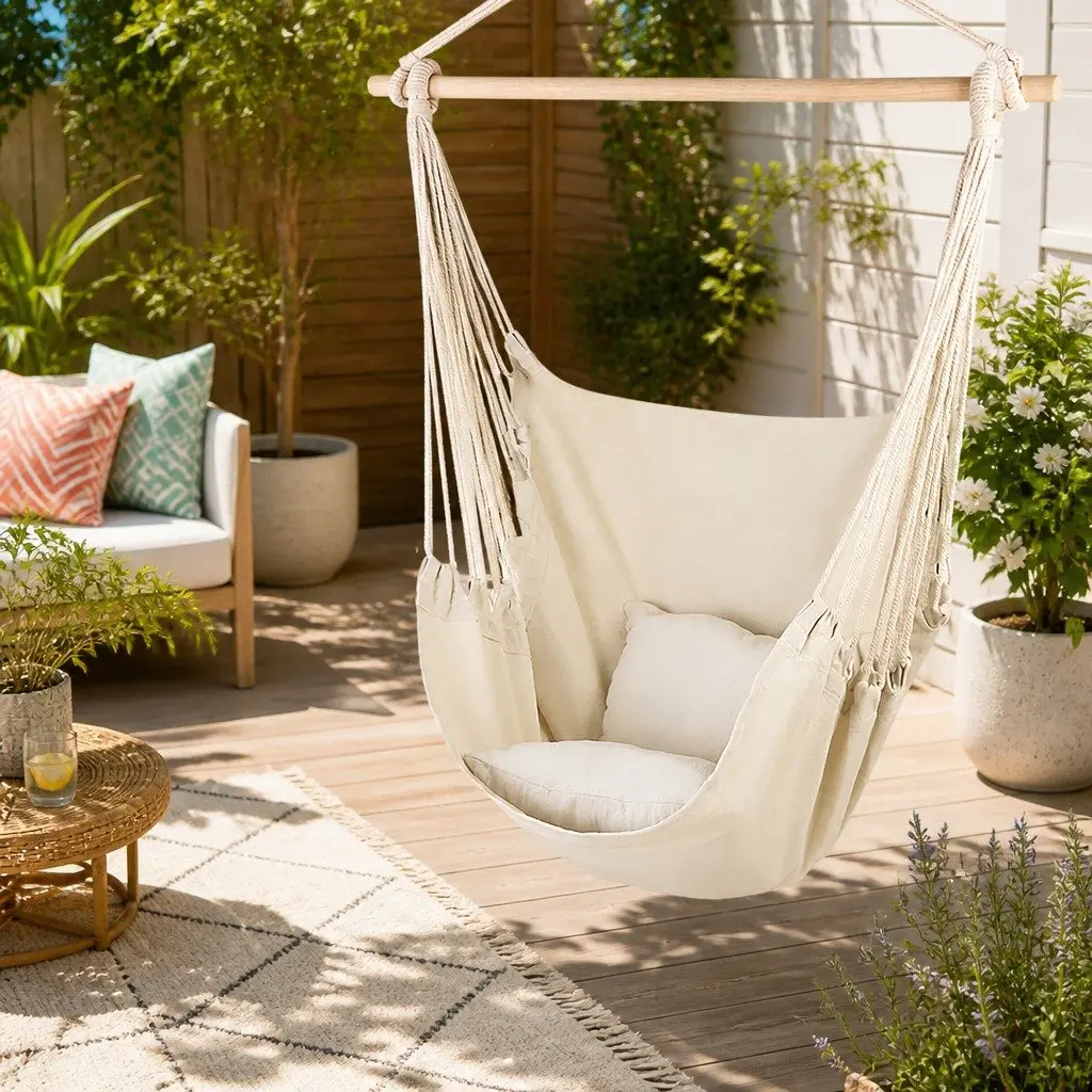 Hammock Chair Cream Outdoor Hanging with Cushions Relaxation Seat