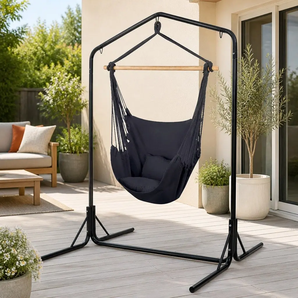 Outdoor Hammock Chair with Stand Swing Hanging Pillow Grey Garden Furniture